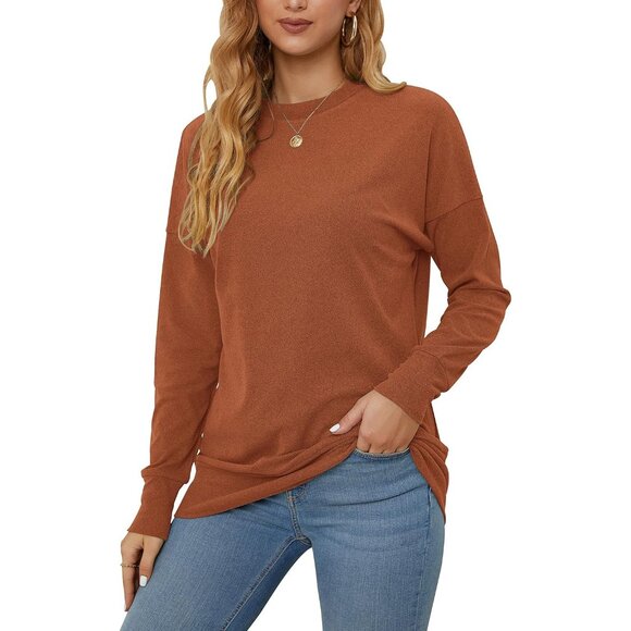 🆕 Women Brown Casual Long Sleeve Round Neck Shirts Tunic Tops Leggings Stylish - Picture 6 of 6